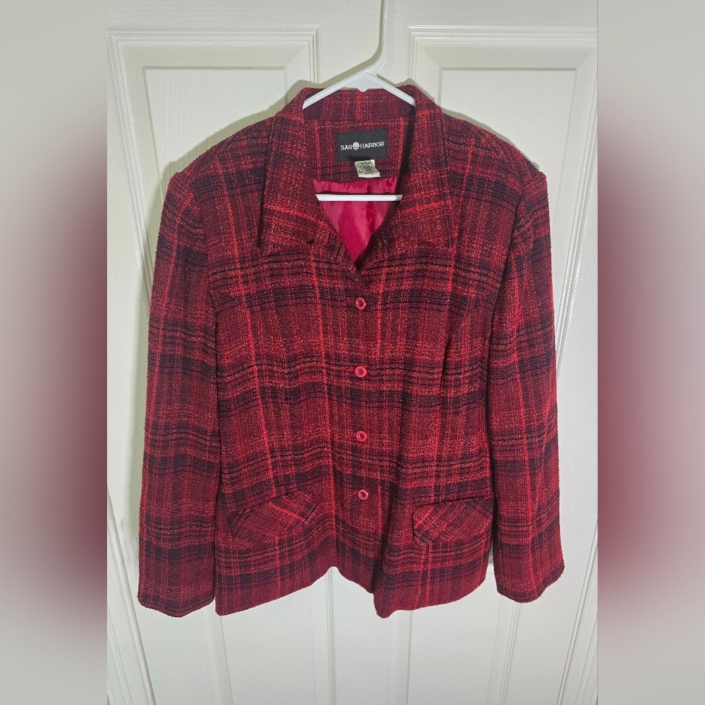 Sag Harbor Womens Red Plaid Suit Jacket Blazer Size 12 - Picture 1 of 10